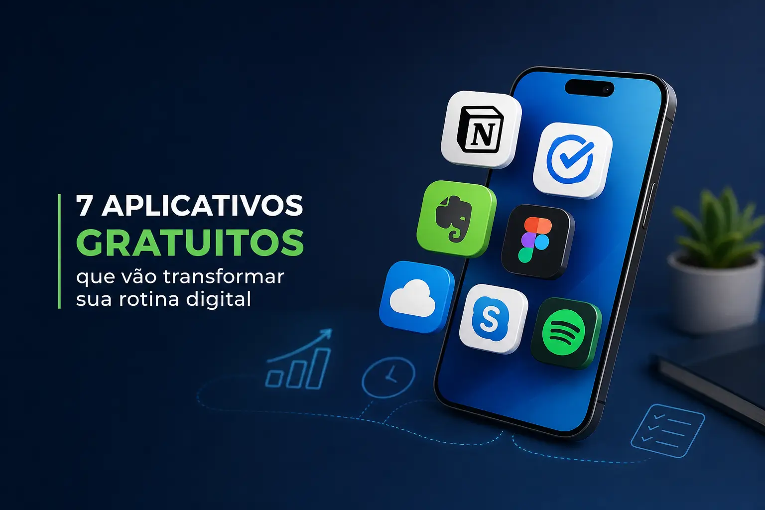 Smartphone com ícones de apps de produtividade e comunicação 2026