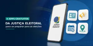 Smartphone com símbolo da Justiça Eleitoral e ícones de apps eleitorais