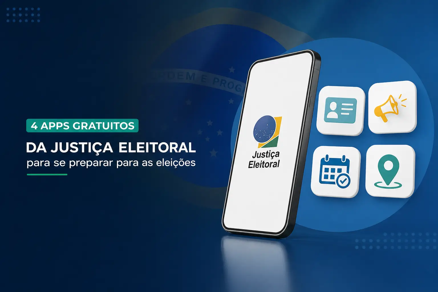 Smartphone com símbolo da Justiça Eleitoral e ícones de apps eleitorais