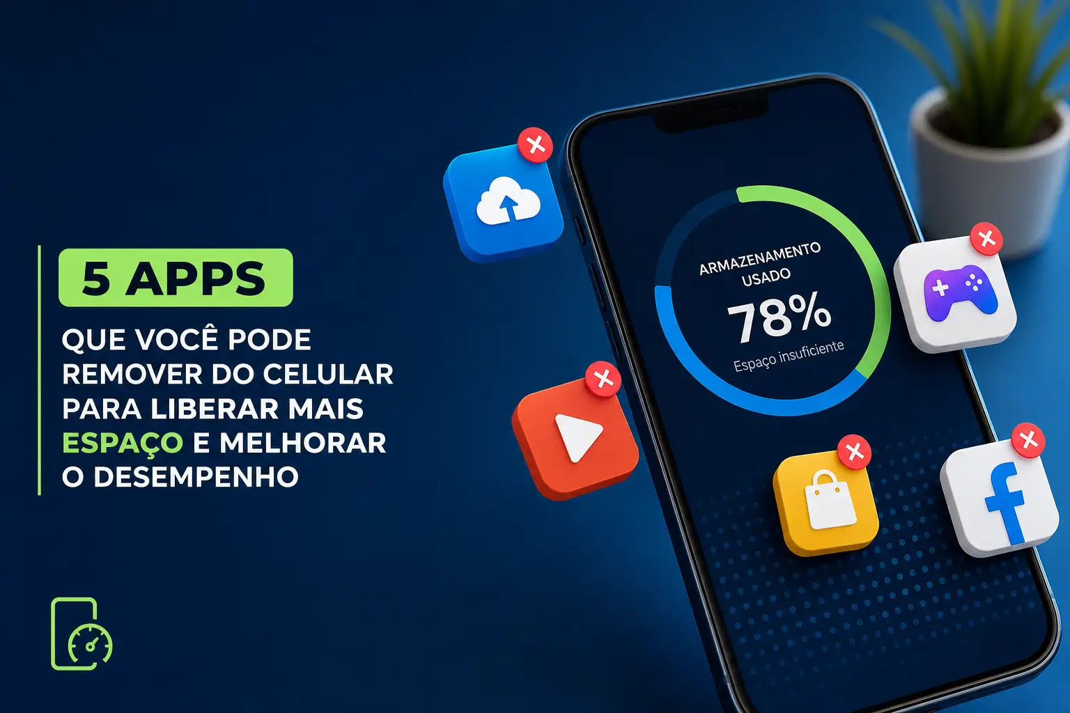 Smartphone com 78% de armazenamento usado e apps removíveis