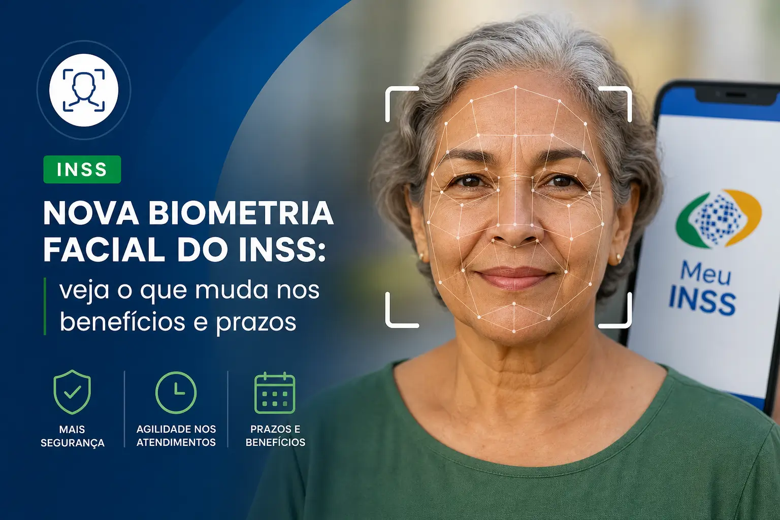 Mulher idosa sorrindo com biometria facial do INSS e smartphone do Meu INSS