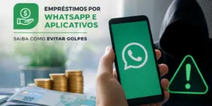 Pessoa com smartphone mostrando WhatsApp, moedas e figura sombria.