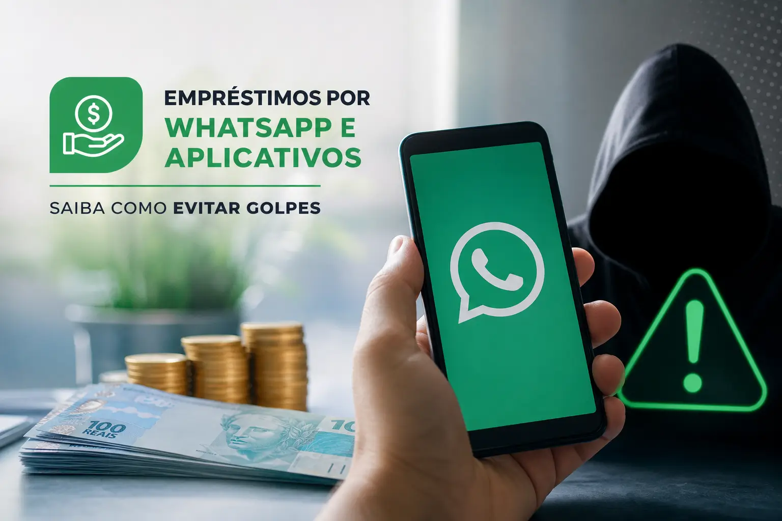 Pessoa com smartphone mostrando WhatsApp, moedas e figura sombria.