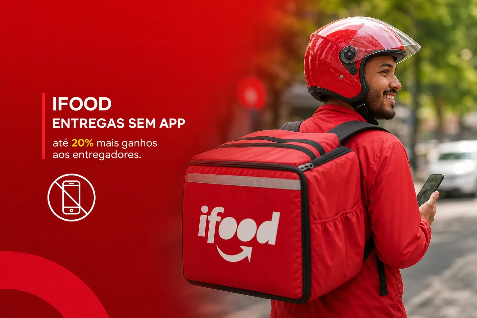 Entregador iFood com smartphone e mochila na rua arborizada