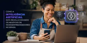 Mulher feliz usando smartphone e laptop com ícones de inteligência artificial