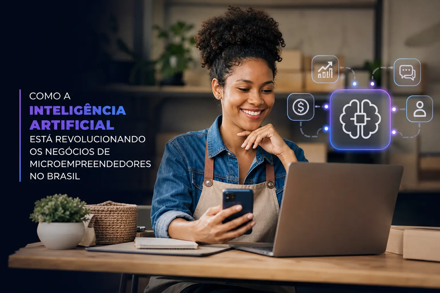 Mulher feliz usando smartphone e laptop com ícones de inteligência artificial