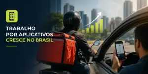 Entregador de moto com bolsa laranja em cidade brasileira, gráfico de crescimento no trabalho por aplicativos