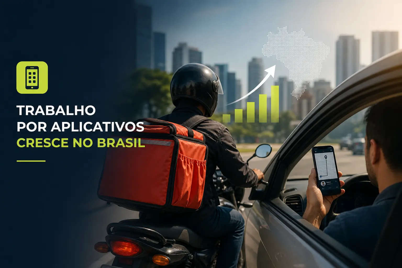Entregador de moto com bolsa laranja em cidade brasileira, gráfico de crescimento no trabalho por aplicativos