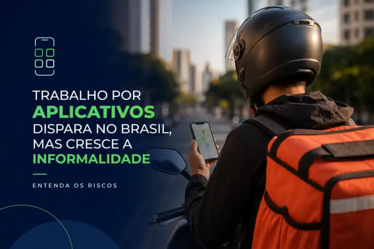 Pessoa em moto com smartphone em cidade urbana - Trabalho por aplicativos no Brasil