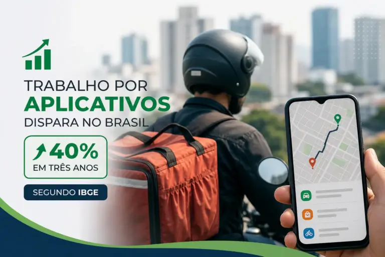 Motociclista com smartphone mostrando mapa e crescimento de empregos no Brasil