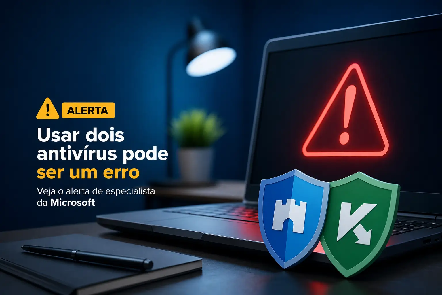 Alerta na tela de laptop com dois antivírus, especialista Microsoft