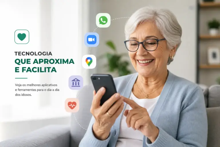 Mulher idosa com smartphone e ícones de apps ao redor
