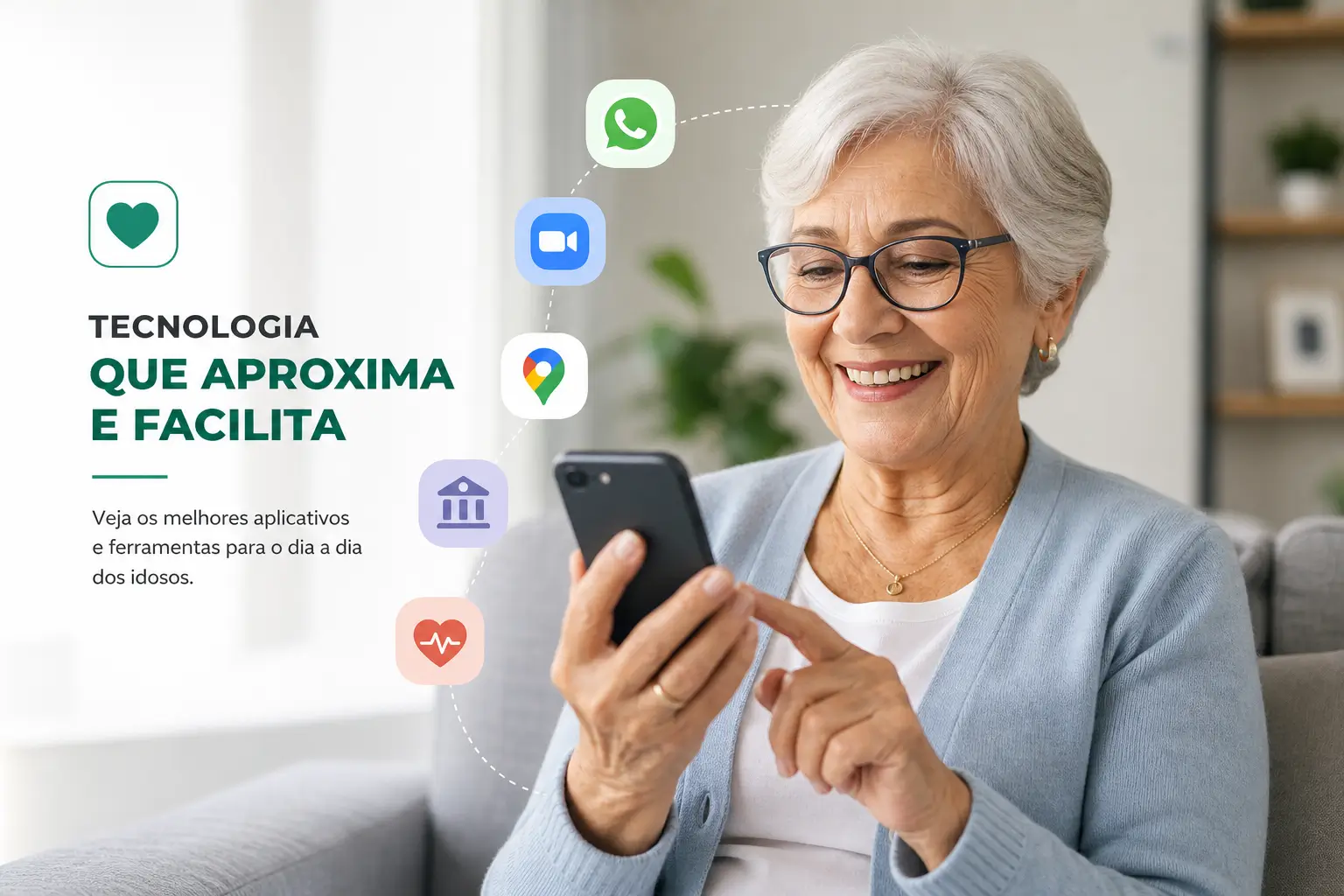 Mulher idosa com smartphone e ícones de apps ao redor