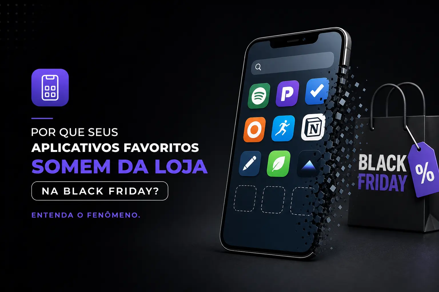 Smartphone com ícones de apps e sacola Black Friday