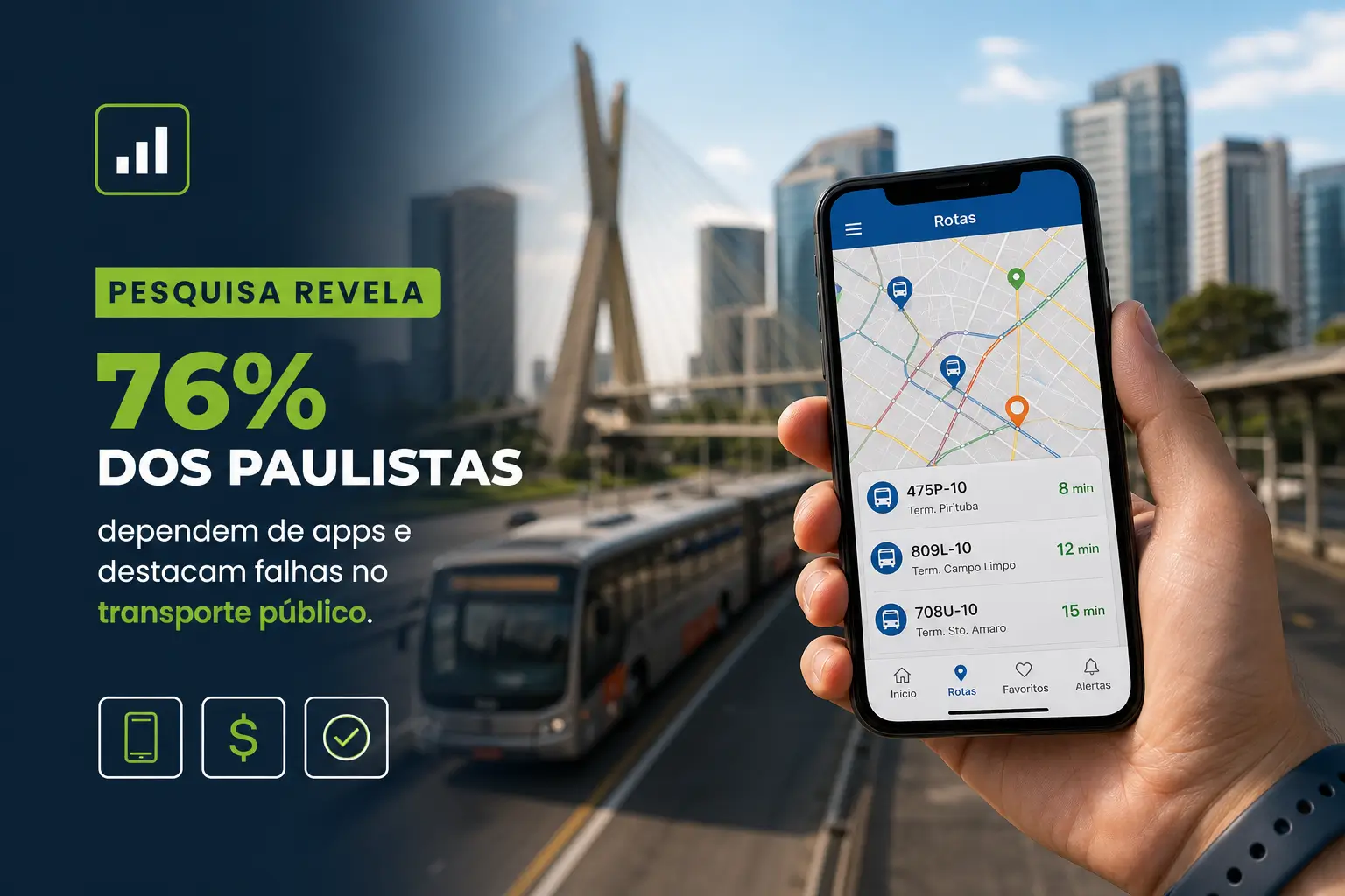 App de transporte em smartphone com rotas de ônibus em São Paulo