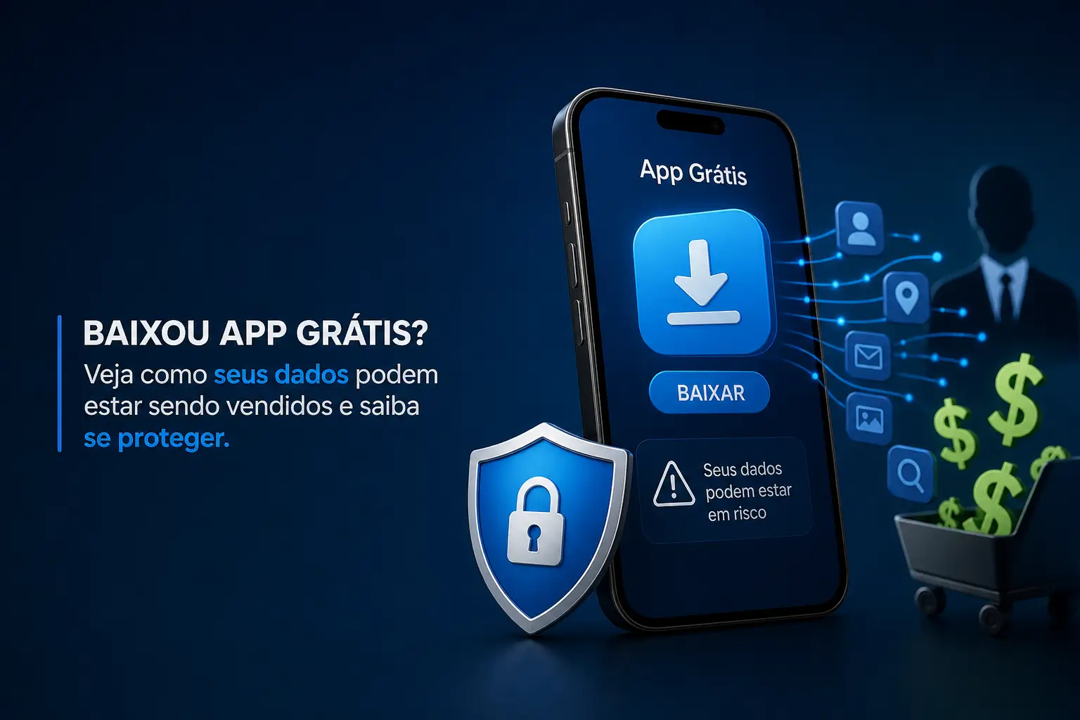 Aplicativo de educação financeira em celular com ícone de segurança