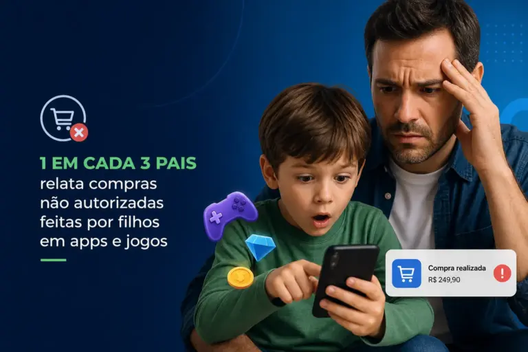 Adulto preocupado e criança surpresa com gastos não autorizados 2026