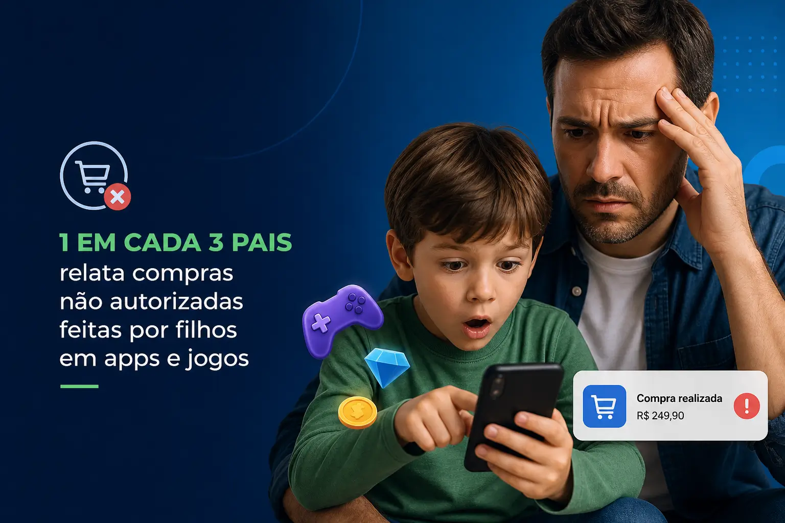 Adulto preocupado e criança surpresa com gastos não autorizados 2026