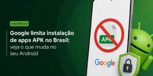 Smartphone com símbolo de alerta APK bloqueado e mascote Android