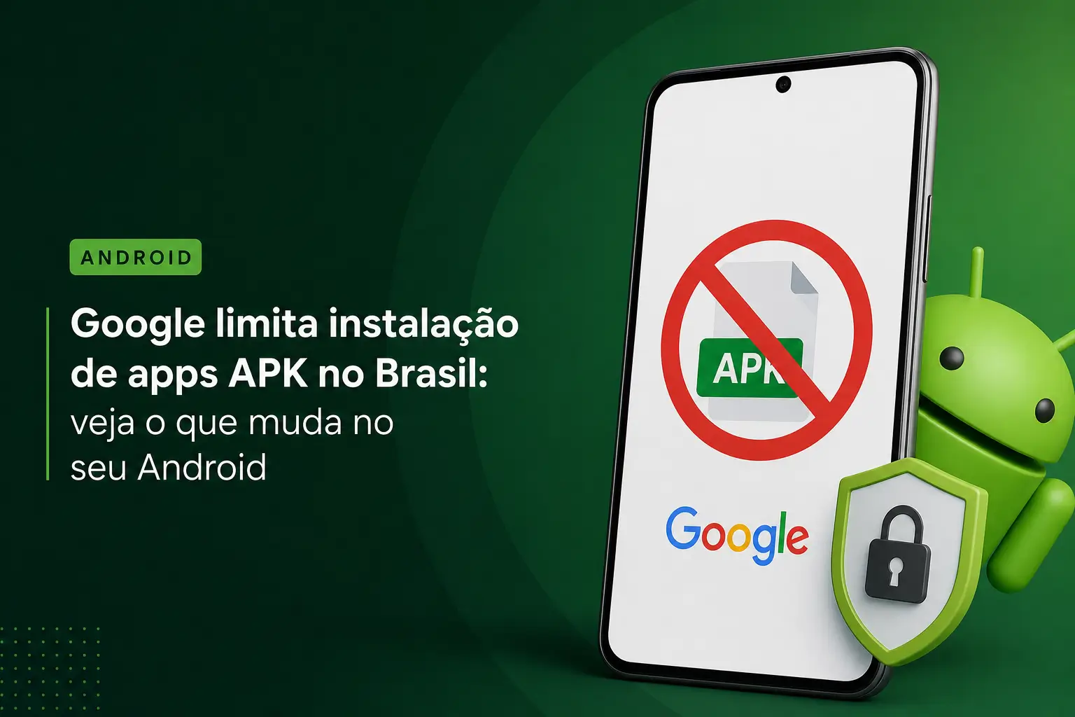 Smartphone com símbolo de alerta APK bloqueado e mascote Android