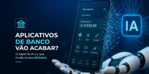 Smartphone futurista com app bancário e mão robótica em 2026