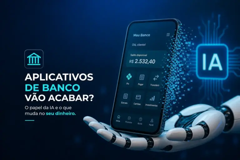 Smartphone futurista com app bancário e mão robótica em 2026