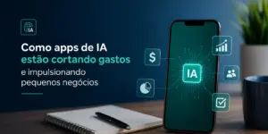 Smartphone com IA e ícones financeiros em mesa de escritório.