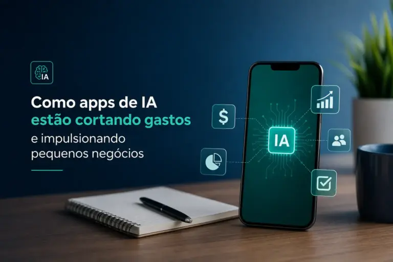 Smartphone com IA e ícones financeiros em mesa de escritório.