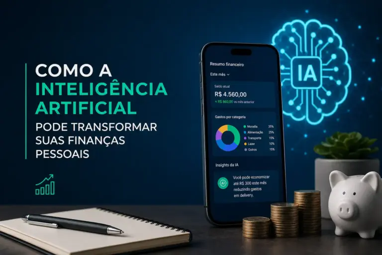 Saldo financeiro R$ 4.560 no app com categorias de gastos