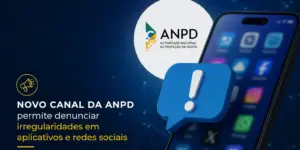 Smartphone com ícones de apps e logo ANPD, alerta importante