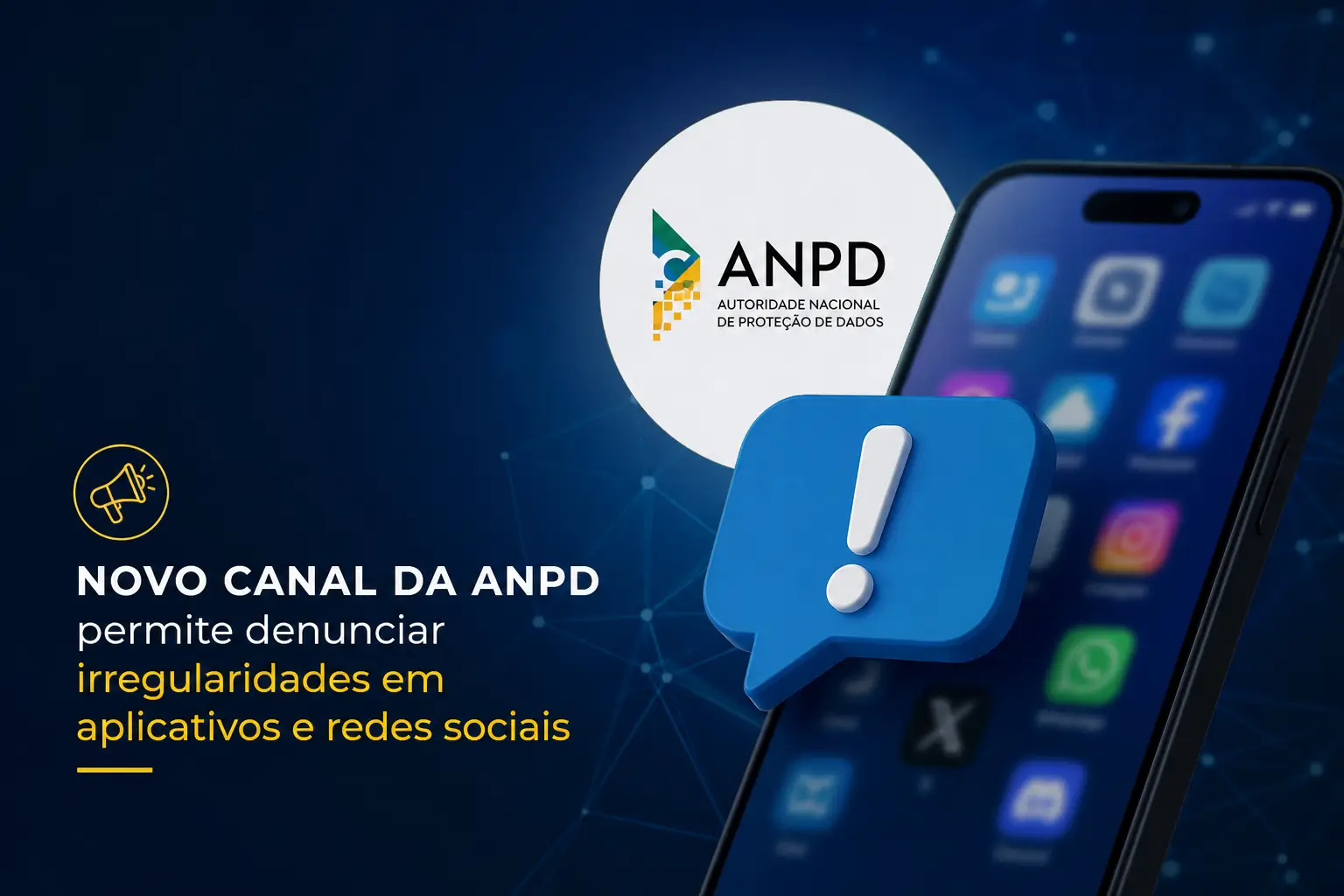 Smartphone com ícones de apps e logo ANPD, alerta importante